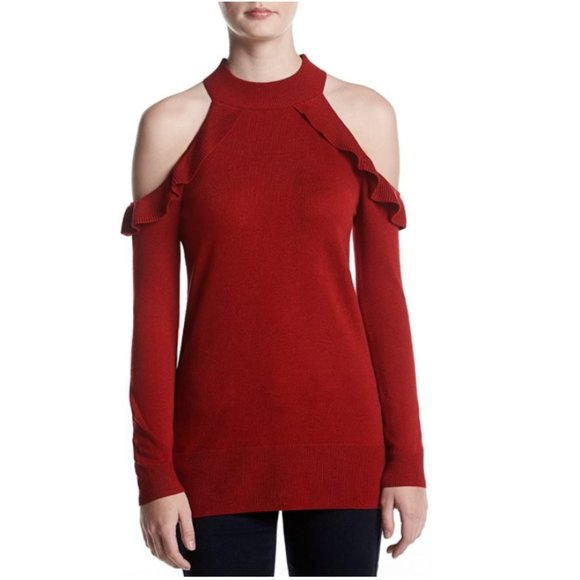 Womens Sequin Hearts Ruffle Cold Shoulder Sweater  Size Small Dark Red NWT - Picture 1 of 2